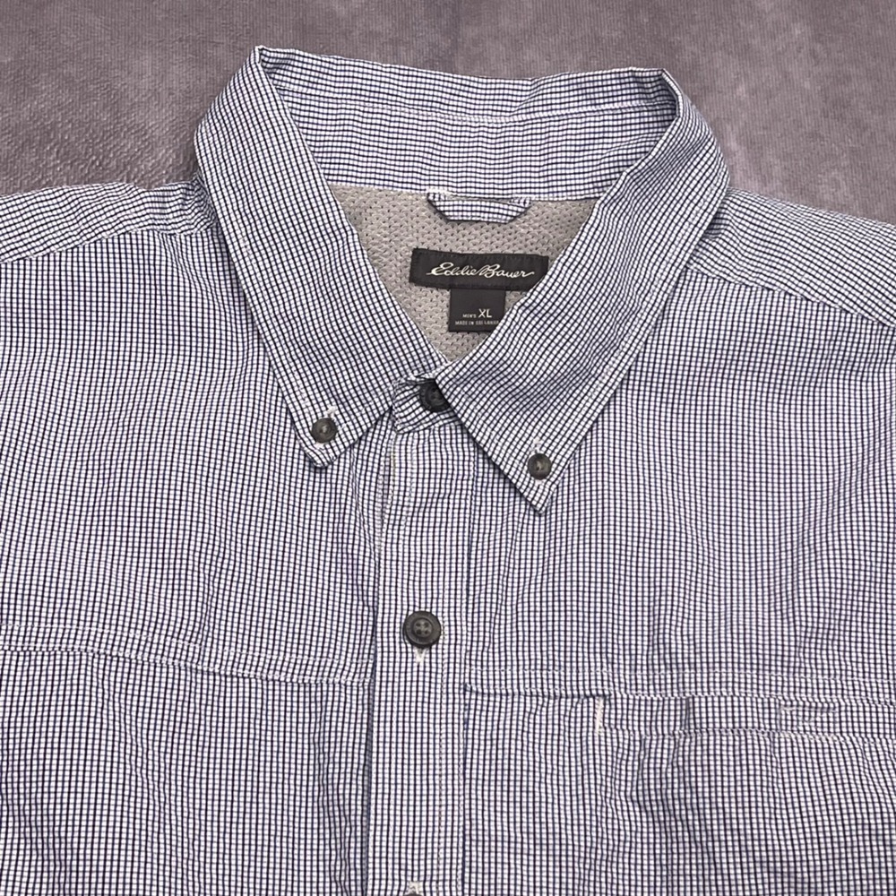 Eddie Bauer Shirt Mens XL Blue White Micro Check Short Sleeve Outdoor Excellent